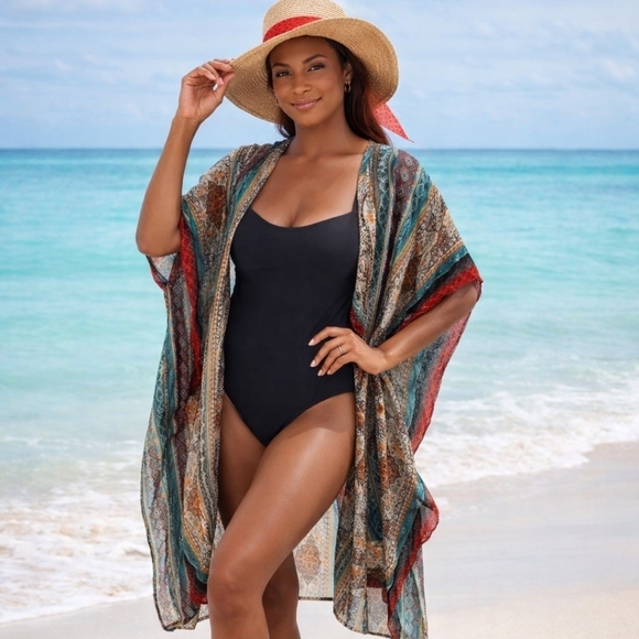 Adrienne Vittadini Other - NEW Adrienne Vittadini Kimono & Hat Cover up Set Rhinestones Luxury Boho Summer
